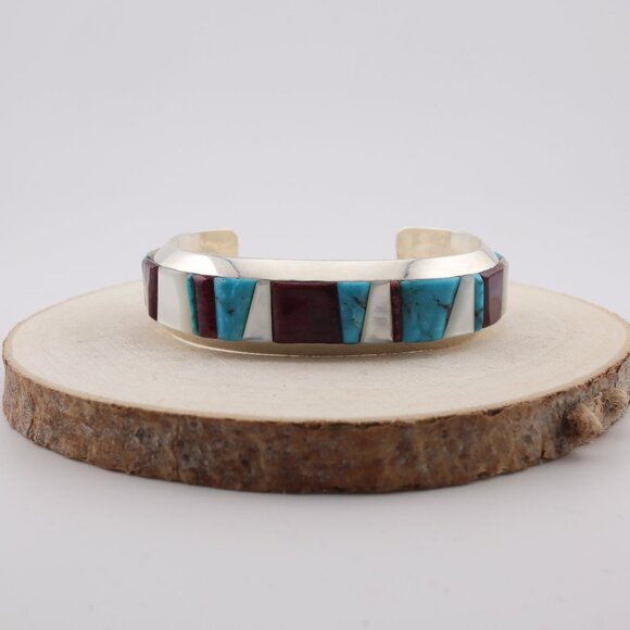 Native American Multi‎ Stones Cuff Bracelet Sterling Silver Signed Sz 6.5 in. ** - Picture 3 of 12